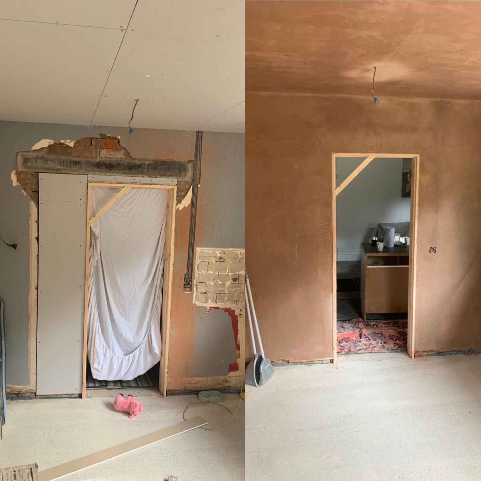 Room renovation showing a doorway before and after, with exposed brick, plaster, and a finished, plastered wall.