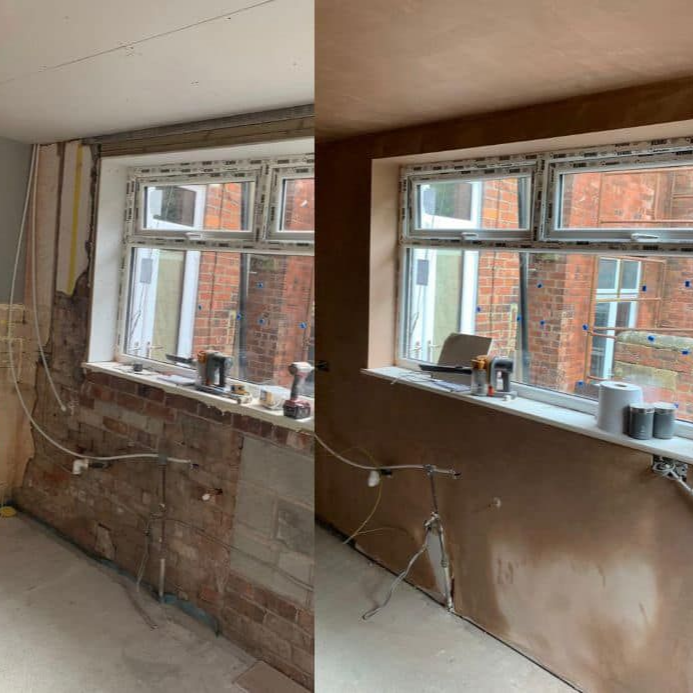 Room renovation: exposed brick wall before, plastered wall after, near a window.