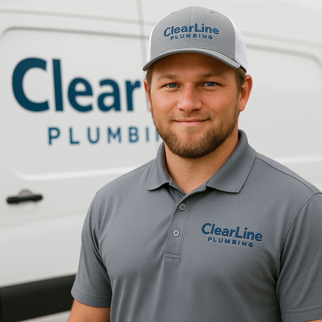 Man in grey shirt and cap, in front of a van, for ClearLine Plumbing.