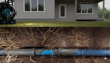 Underground pipe leaking, revealed by soil cutaway. A robotic camera inspects the leak near a house.