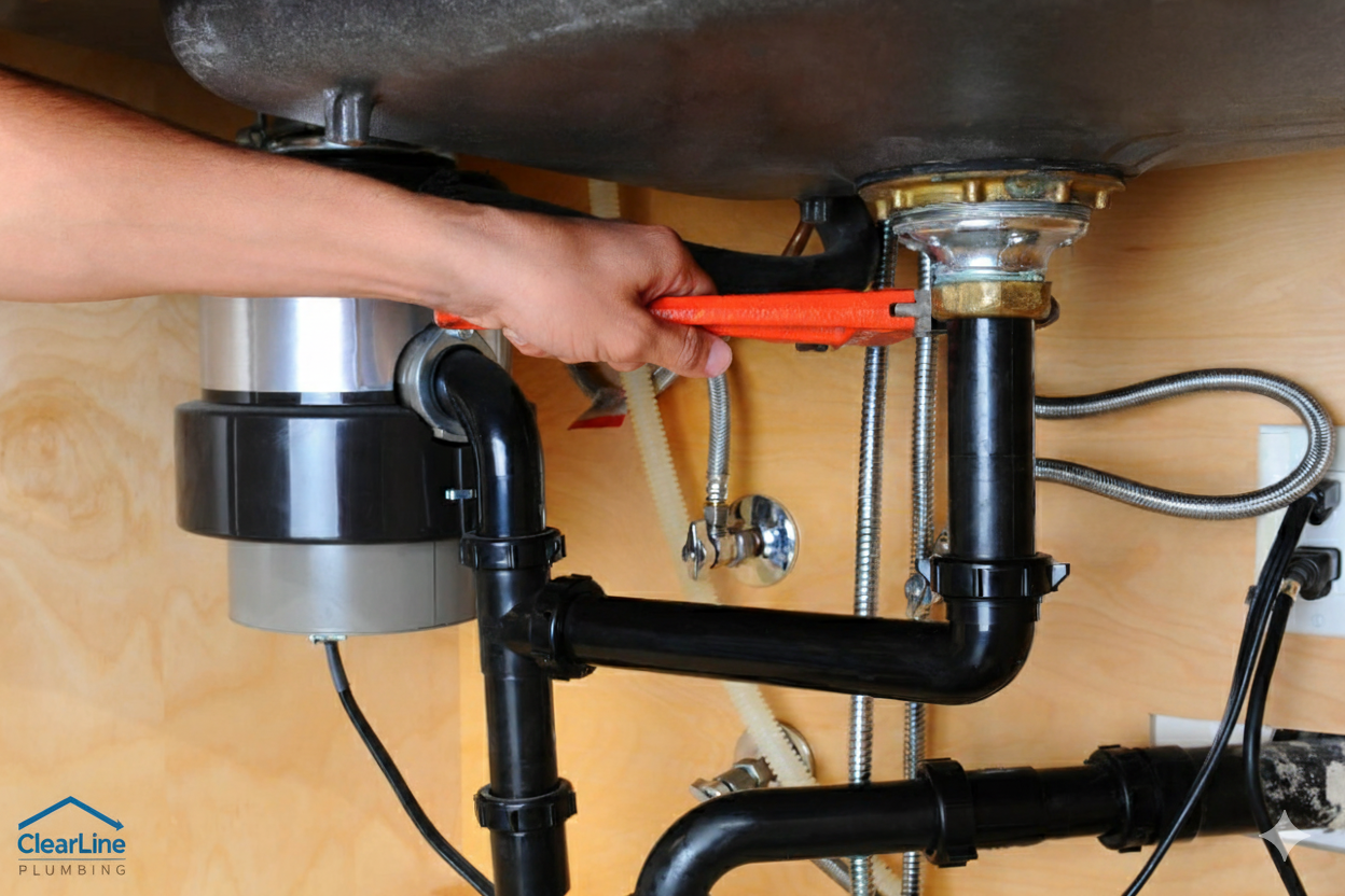 Hand using wrench to tighten plumbing under a sink with garbage disposal.
