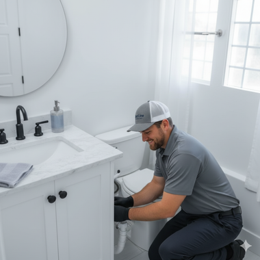 Plumber fixing a toilet in a white bathroom. He's wearing a gray shirt, hat, and black gloves.