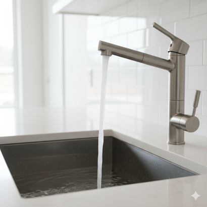 Stainless steel faucet with running water into a kitchen sink. White countertop and tile in the background.