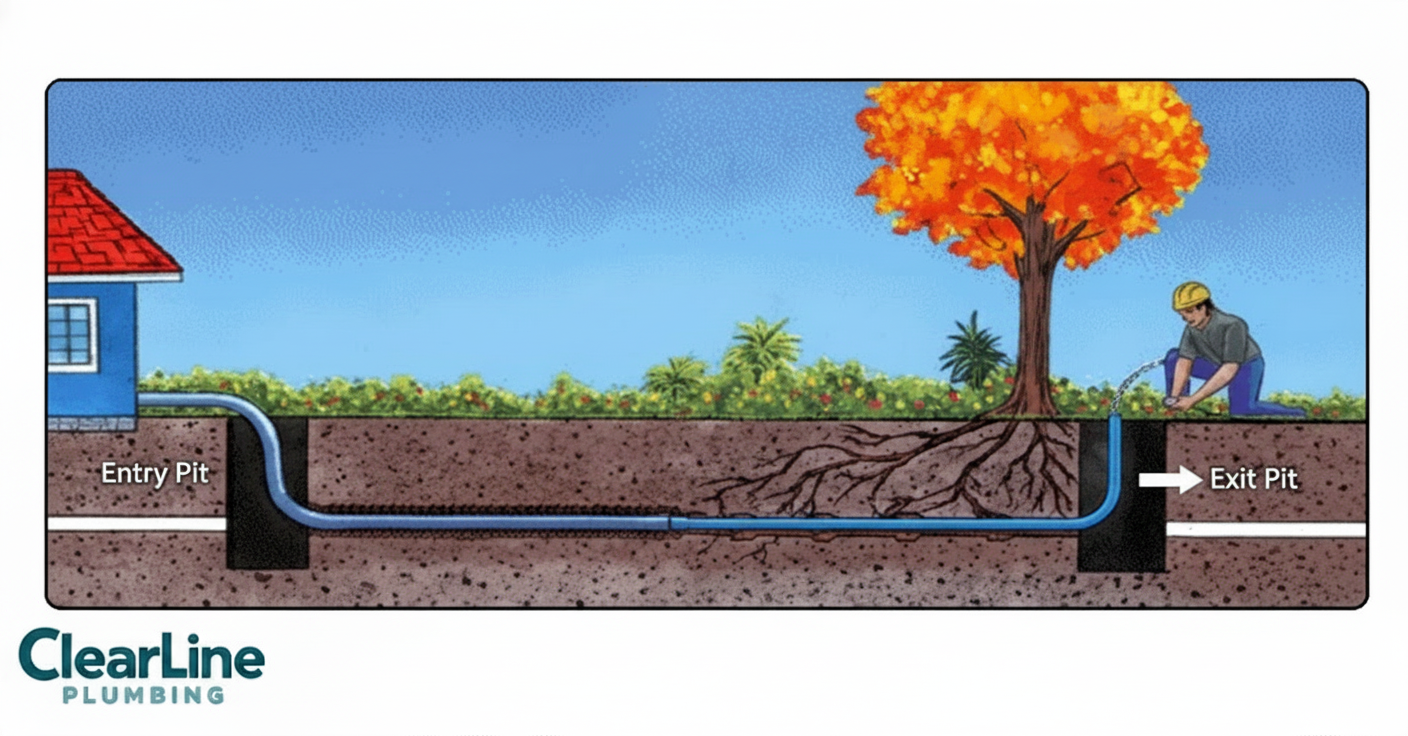 Cross-section of buried pipes; a house connects to a septic tank, with a worker near a tree.