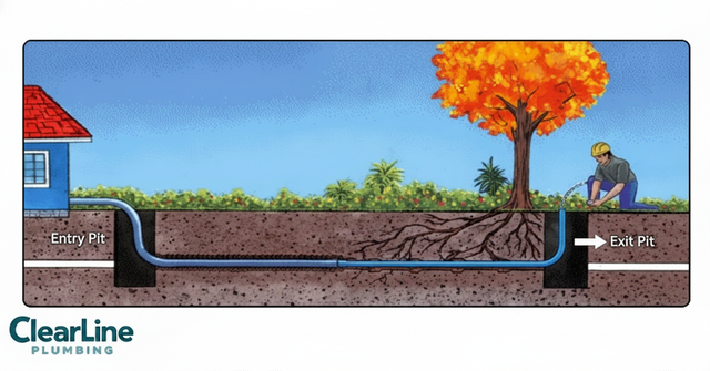 Cross-section of buried pipes; a house connects to a septic tank, with a worker near a tree.