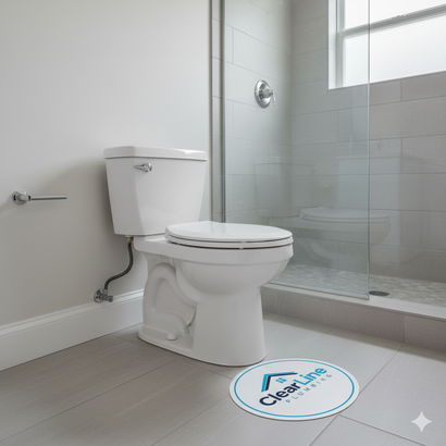 A white toilet in a bathroom with a shower. A branded circular floor mat is in front of the toilet.