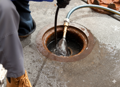 Person using a hose to clean a rusty, open drain on a concrete surface.
