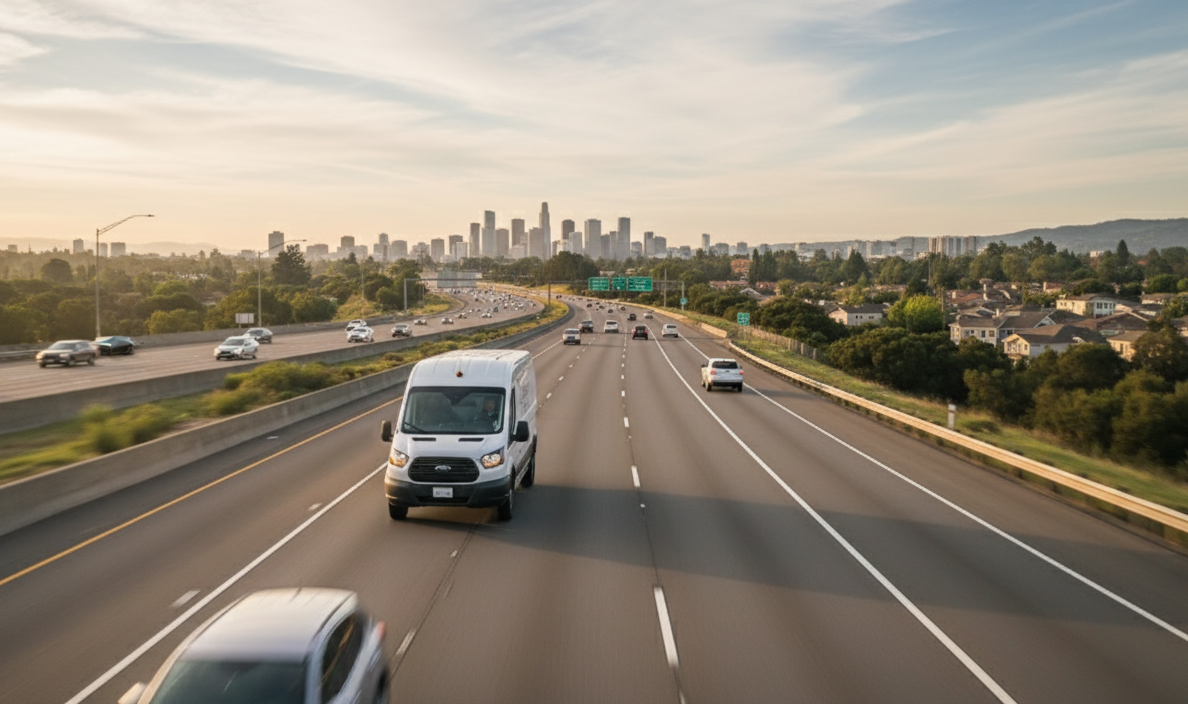 Highway with traffic; downtown cityscape in the distance, sunny sky.