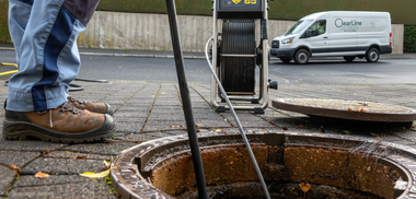 A worker inspects a manhole with a camera, van in the background.