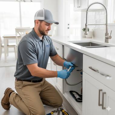 Plumber in gray shirt and hat working under a kitchen sink, wearing blue gloves.