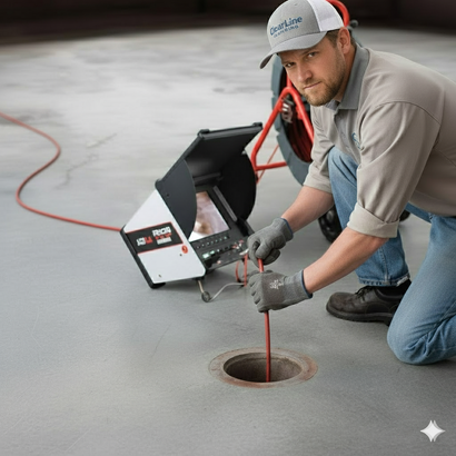 Man inspecting a drain with a camera, indoors. He kneels, using the camera's control panel.