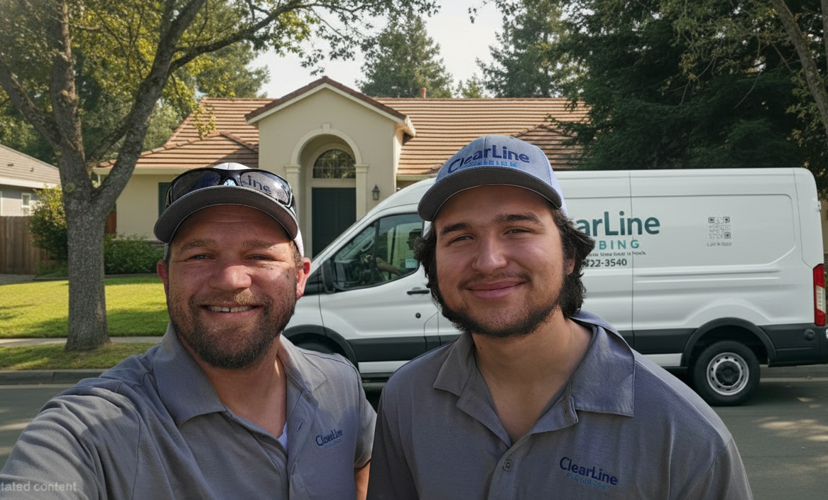 Two men smiling in front of a white work van parked near a house. They are wearing company uniforms and hats.