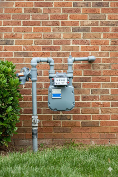 Gas meter and pipes mounted on a brick wall, next to a bush and grass.