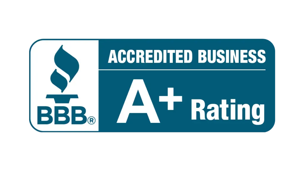 BBB Accredited Business logo, A+ Rating, blue and white.