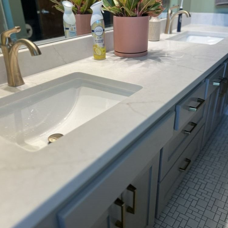 Bathroom vanity with gray cabinets, white countertop, and gold fixtures. Pink potted plant sits on the counter.