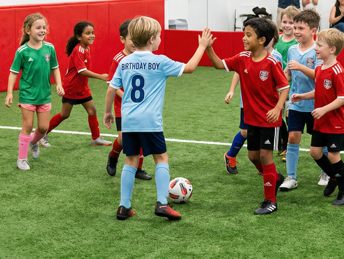 Children in red and blue uniforms playing soccer on an indoor turf field, with one child high-fiving another.