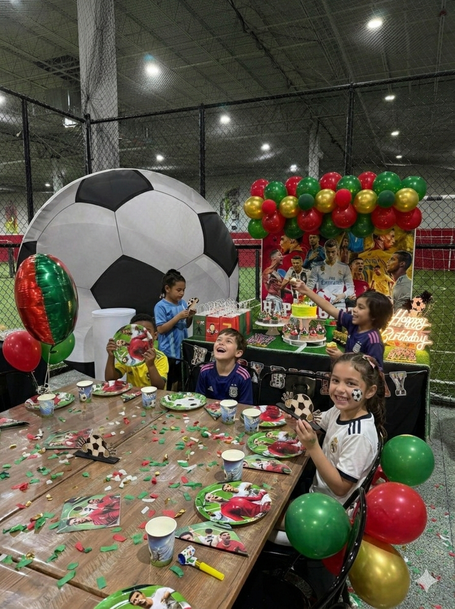 Children celebrating at a soccer-themed birthday party: table with cake, balloons, soccer ball decor, and confetti.