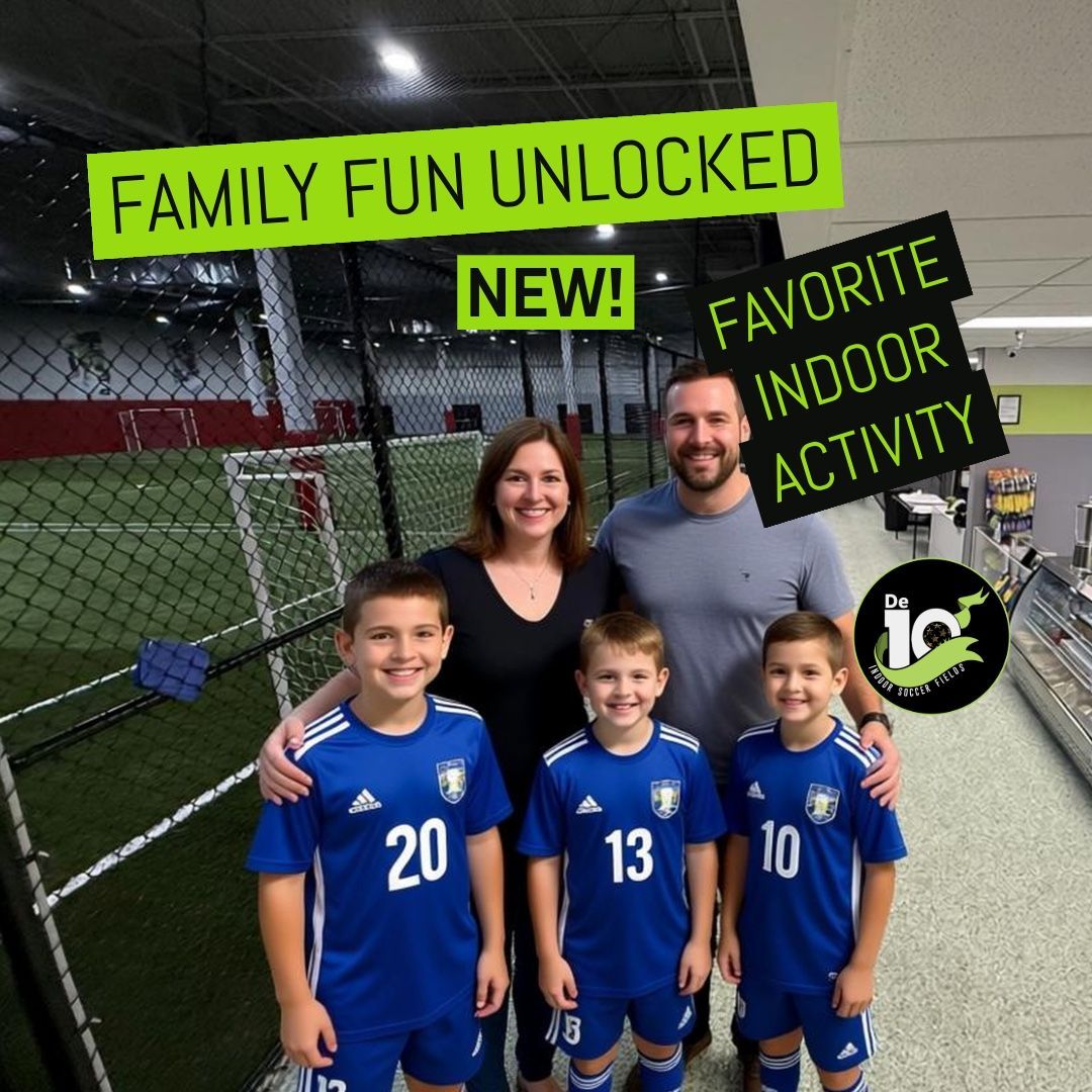 Family poses in front of an indoor soccer field. Text reads 