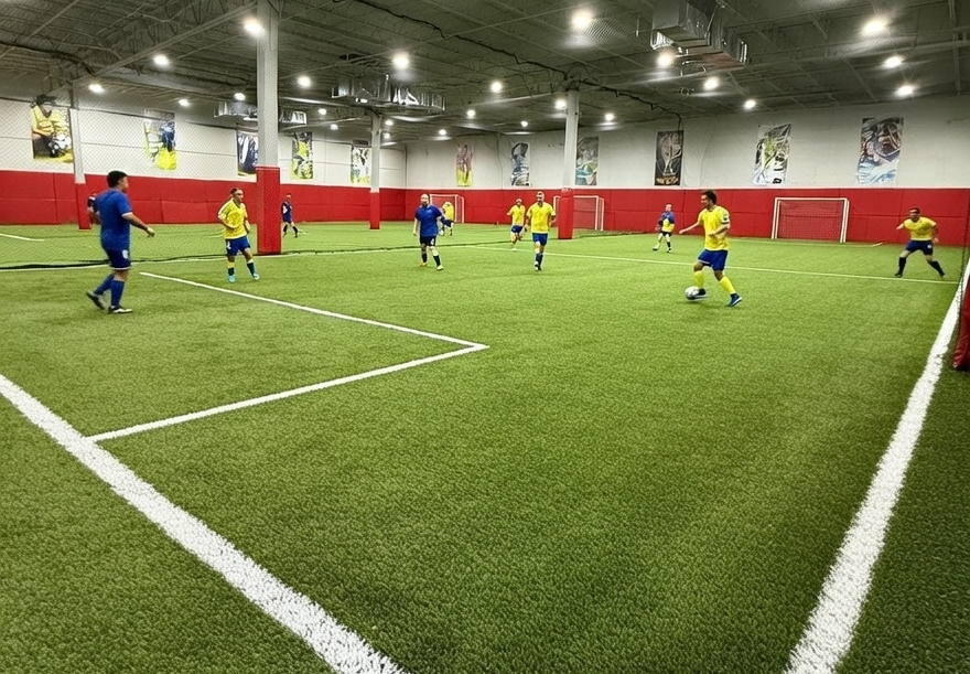 Indoor soccer game: Players in blue and yellow uniforms on a green turf field, playing soccer.