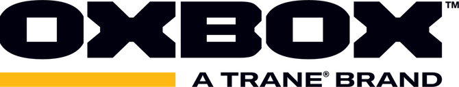 The OXBOX logo. Black letters with white squares inside, with “A Trane brand” below on a yellow bar.