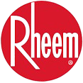 Rheem logo: White "Rheem" text in a red circle, with a vertical line through the "h".
