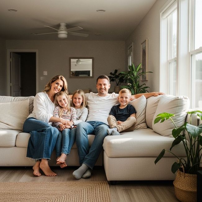 Family of five sitting on a couch in a bright living room, smiling, with plants.