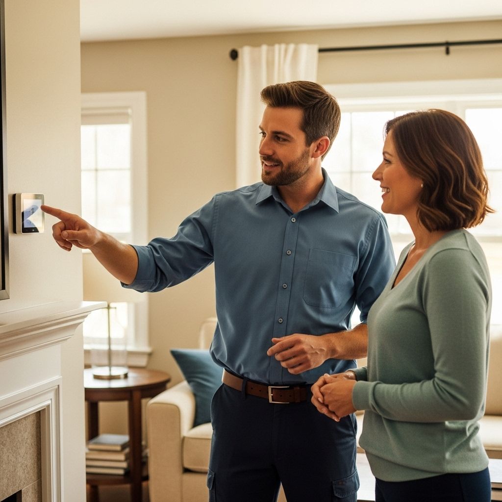 Man points to smart thermostat, showing a woman in a living room.
