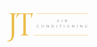 Logo for JT Air Conditioning, with golden letters and a light beige rectangle.
