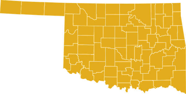 Map of Oklahoma, divided into counties, colored in gold.
