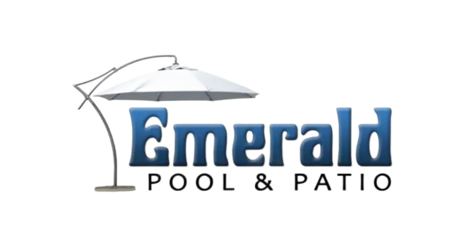 Emerald Pool & Patio logo with a blue, shaded wordmark and a white patio umbrella.