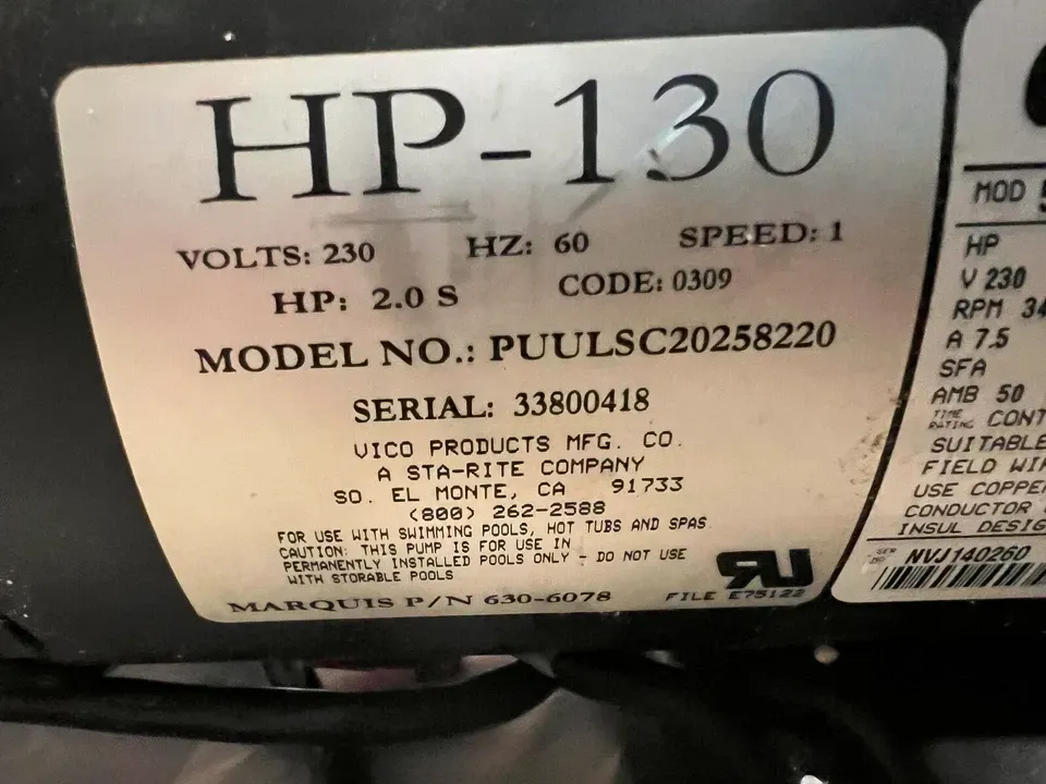 Marquis Spa Pump HP130 630-6078 PUULSC20258220