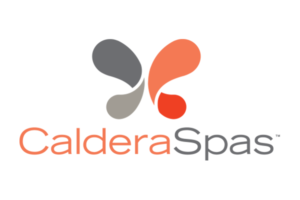 Logo for Caldera Spas: stylized butterfly in grey and orange above text 