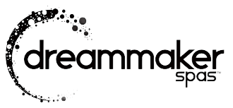 Dreammaker Spas logo with stylized black text and abstract graphic.