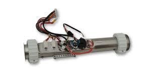 Tubular spa heater with wiring and white connectors.