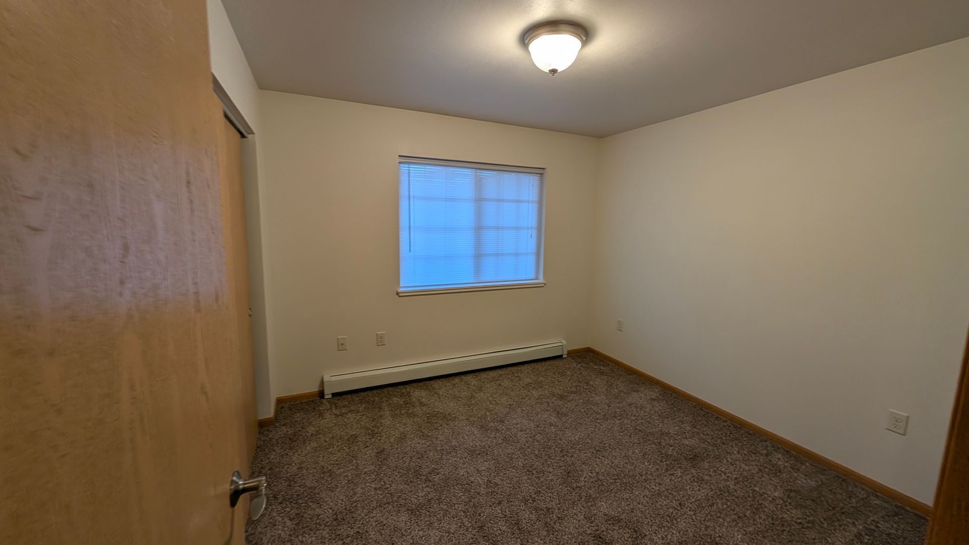 Empty beige bedroom with carpet, window, closet, and ceiling light