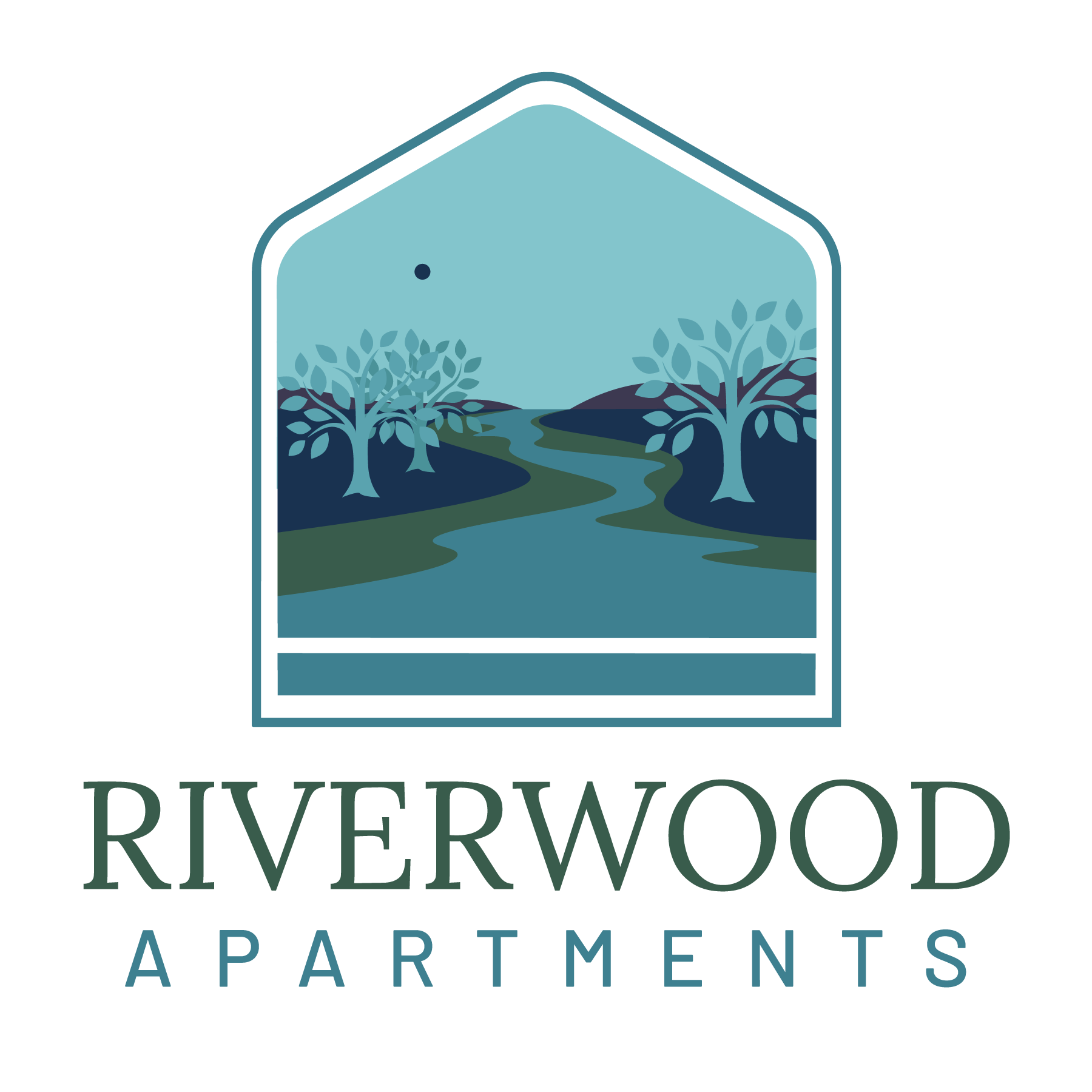 Riverwood Apartments logo with stylized river, trees, and teal arch icon