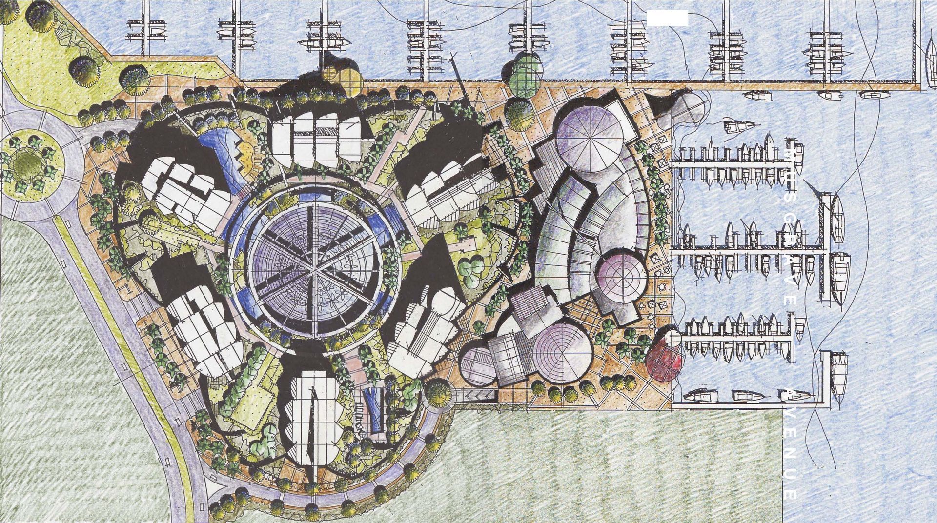 Swimming pool with white pergola, palm trees, and a building in the background.