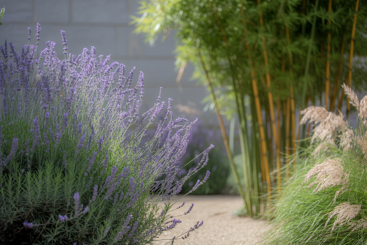 Outdoor restaurant seating in a courtyard with tables, chairs, potted plants, trees, and street lamps.