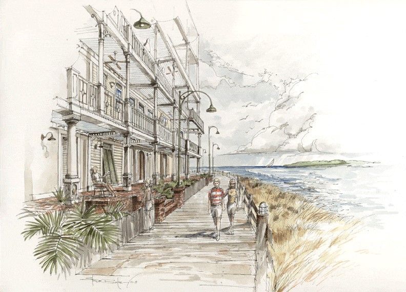 Watercolor rendering of a two-story building with a light blue sky and palm trees. Cars parked out front.