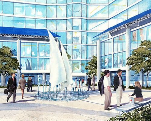 Modern building exterior with people walking around a water fountain and small trees.