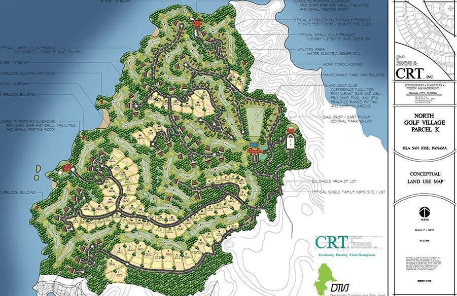 Map of North Golf Village Parcel E, showing golf course, housing, and coastline.