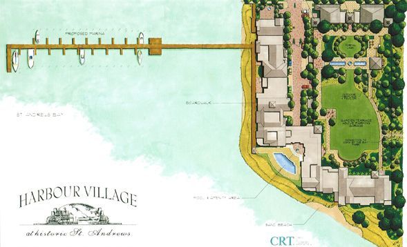 Architectural site plan for Harbour Village, showing a pier, waterfront buildings, a pool, and landscaped green space.