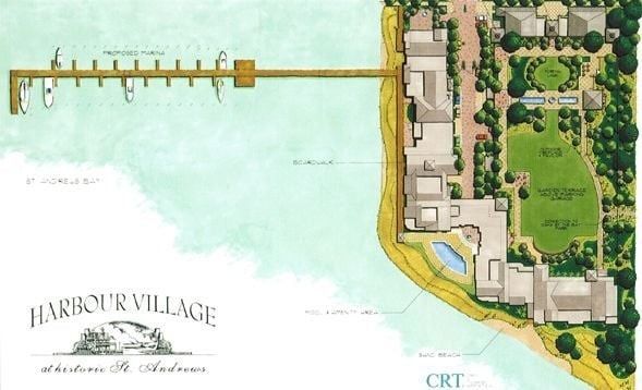 Harbour Village plan: docks with boats, beachfront homes, green lawn, pool, trees.