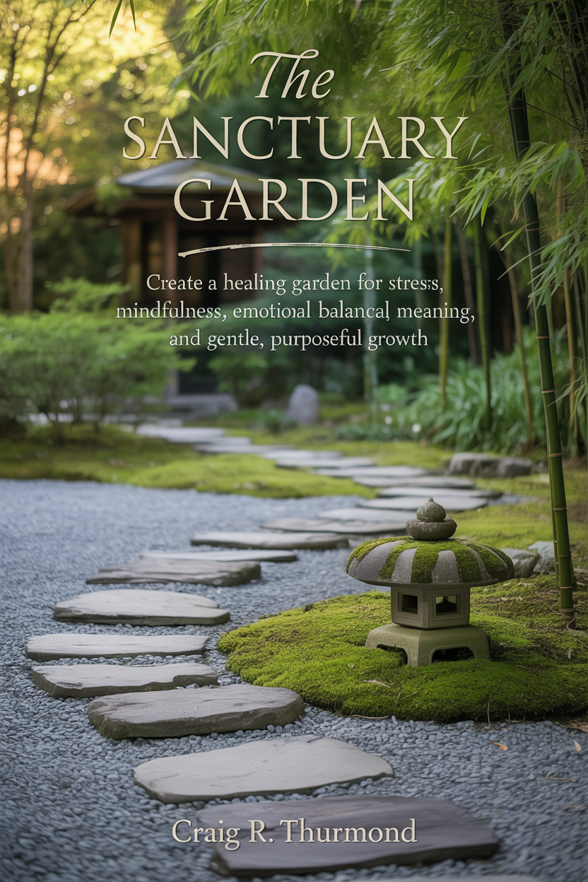 Book cover for The Sanctuary Garden, showing a stone path, a mossy lantern, and bamboo in a serene garden.