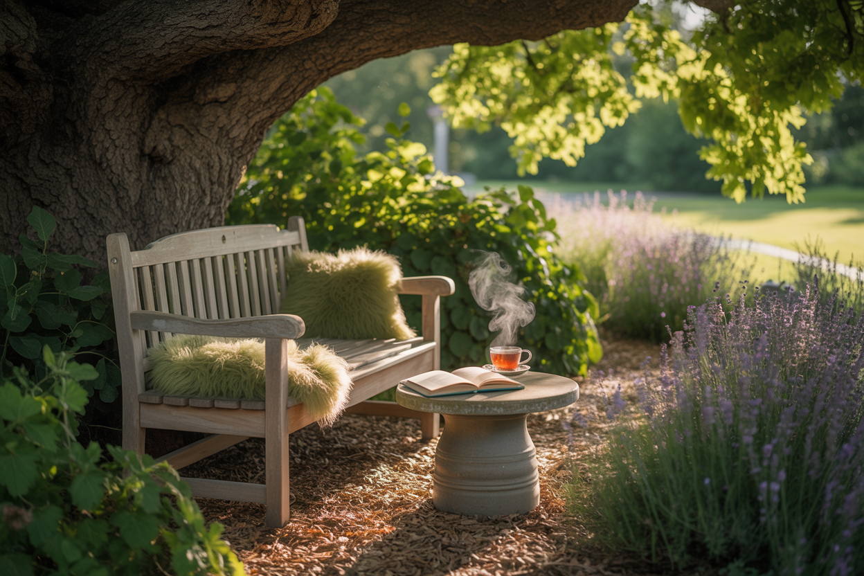A wooden bench with fluffy cushions sits under a large tree next to a small table with an open book and a steaming mug.