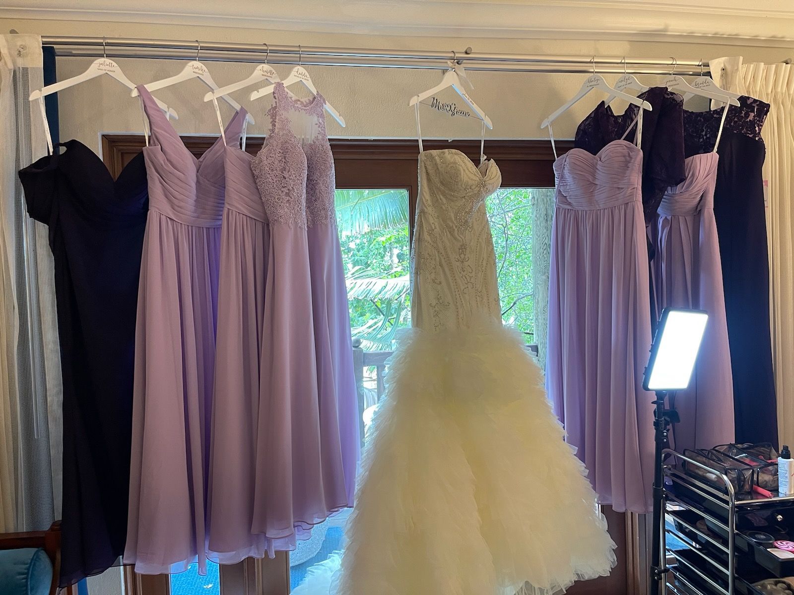 Wedding dresses and bridesmaid dresses hanging on a rod in front of a window.