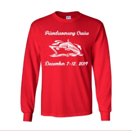 Red long-sleeved shirt with white text: