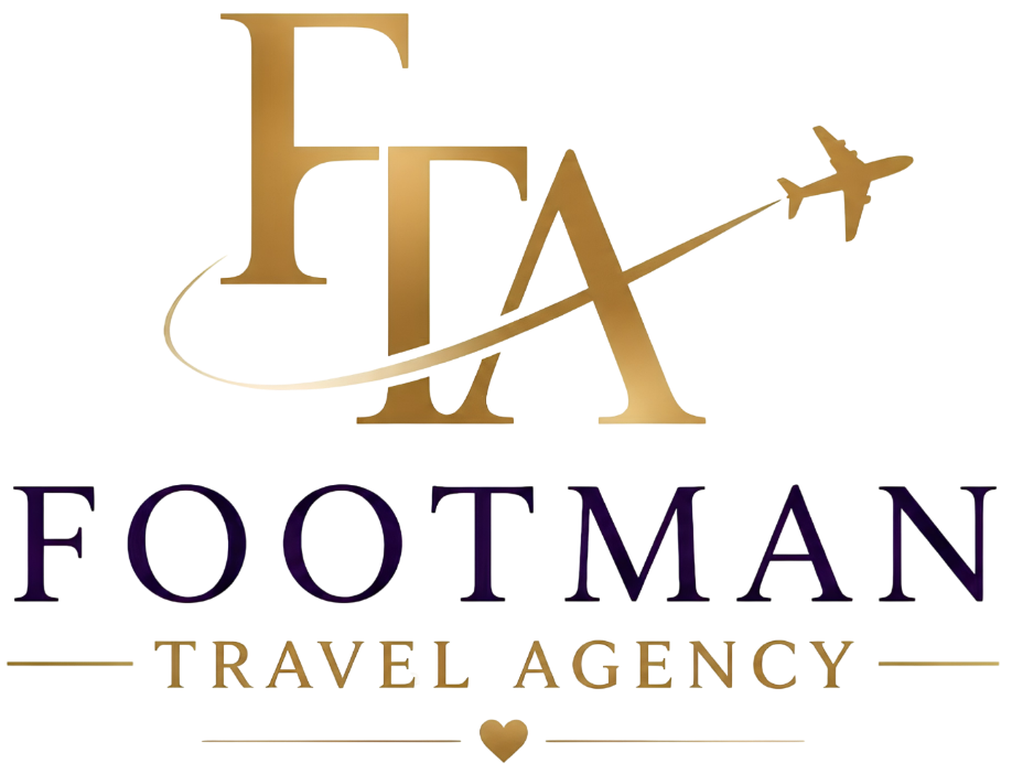 The logo for footman travel agency is surrounded by flowers