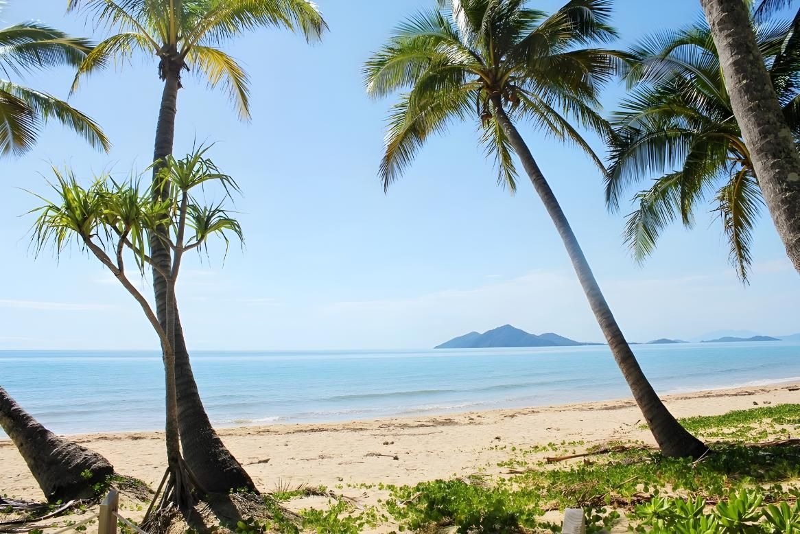 Beach Scene With Palm Trees, Sandy Shore, Ocean, and a Distant Island — Dean Thomas Pools in Mission Beach, QLD