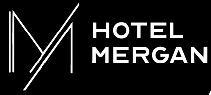 The logo for hotel mergan is white on a black background.